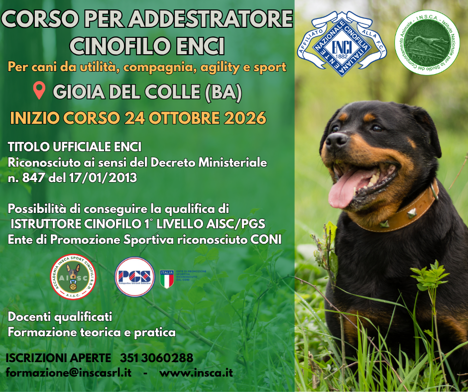 Gioia del Colle (BA): Corso tecnico per Addestratore Cinofilo ENCI